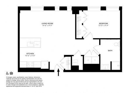 Floor plan for 1 bed, 1 bath, 736 sqft
