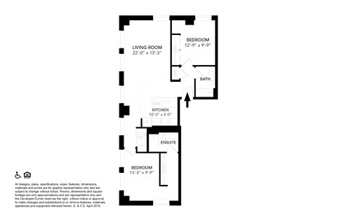 Floor plan for 2 beds, 2 baths, 1045 sqft