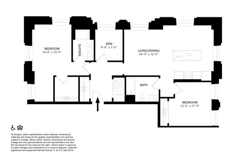 Floor plan for 2 beds, 2 baths, 1165 sqft