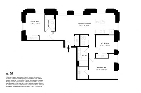 Floor plan for 3 beds, 2 baths, 1234 sqft
