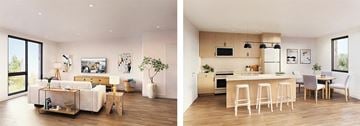Detroit apartment for rent - A modern living room and kitchen area with wooden floors and white furniture.