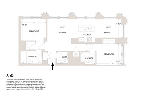 Floor plan for 2 beds, 2.5 baths, 1437 sqft