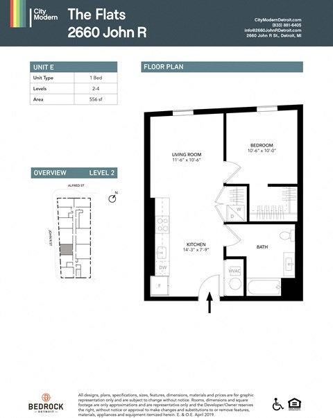 Floor plan for 1 bed, 1 bath, 556 sqft