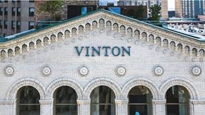 Detroit apartment for rent - Aerial view of Vinton with signage and architectural details.