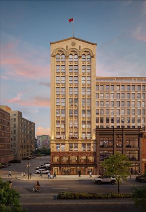 Detroit apartment for rent - An exterior rendering of The Belle with a flag on top stands in front of other buildings.