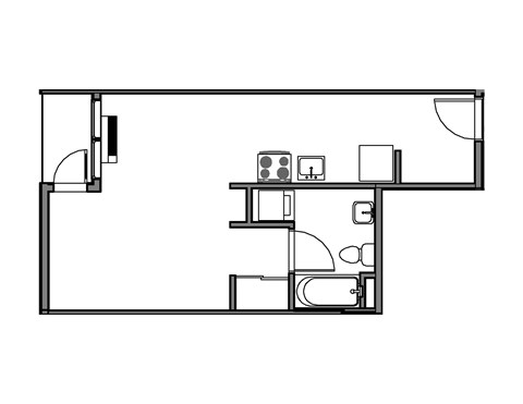 Floor plan for studio, 1 bath, 485 sqft
