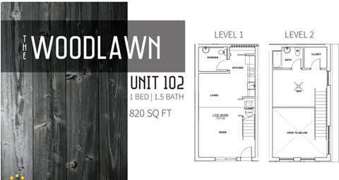Floor plan for 1 bed, 1.5 baths, 820 sqft