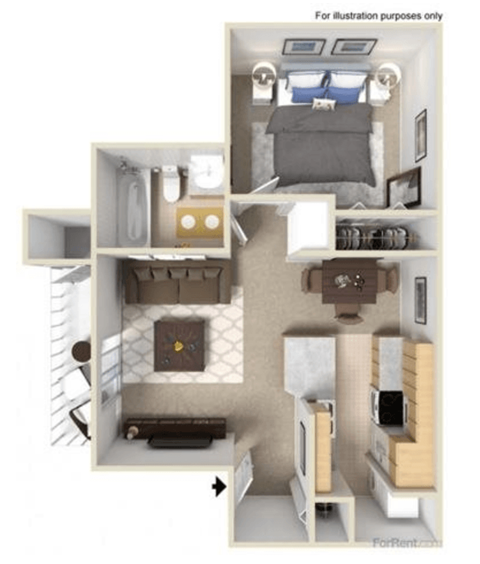 Floor plan for 1 bed, 1 bath, 626 sqft
