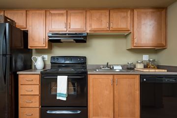 Portland apartment for rent - A kitchen with wooden cabinets and black appliances.