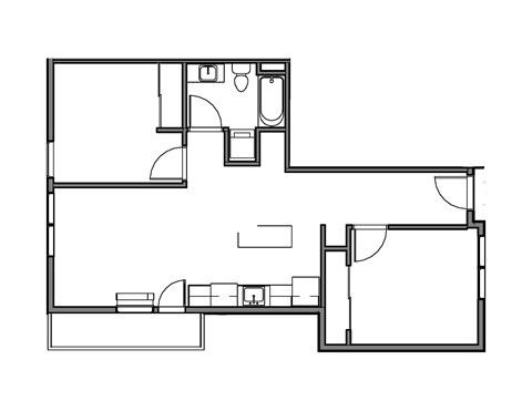 Floor plan for 2 beds, 1 bath, 878 sqft