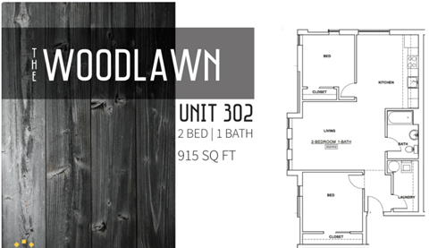 Floor plan for 2 beds, 1 bath, 915 sqft