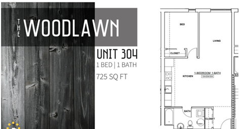 Floor plan for 1 bed, 1 bath, 725 sqft