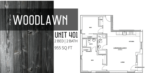 Floor plan for 2 beds, 2 baths, 955 sqft