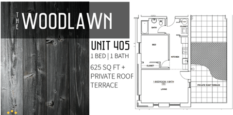 Floor plan for 1 bed, 1 bath, 625 sqft