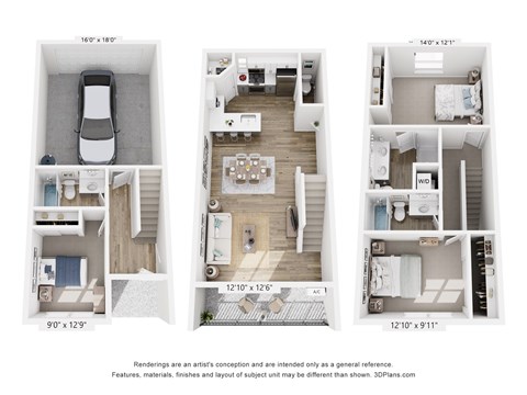 Floor plan for 3 beds, 3.5 baths, 1412 sqft