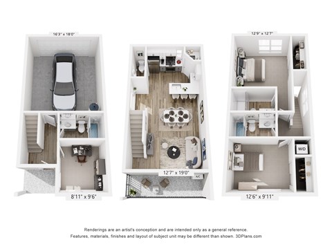 Floor plan for 3 beds, 3.5 baths, 1263 sqft