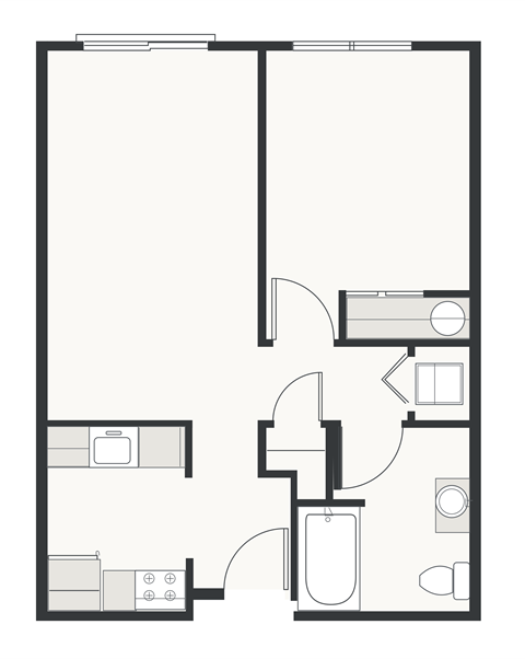 Floor plan for 1 bed, 1 bath, 583 sqft