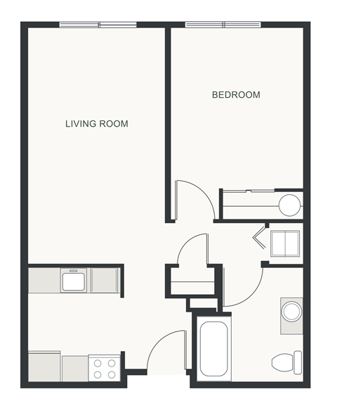 Floor plan for 1 bed, 1 bath, 597 sqft