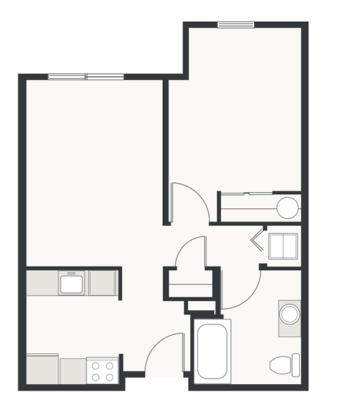 Floor plan for 1 bed, 1 bath, 622 sqft