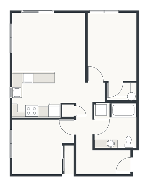 Floor plan for 2 beds, 1 bath, 865 sqft