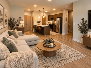 Stevens Point apartment for rent - A modern living room with a white sofa and a coffee table.