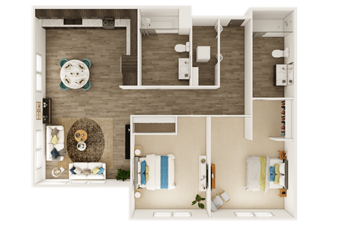 Floor plan for 2 beds, 2 baths, 828 sqft