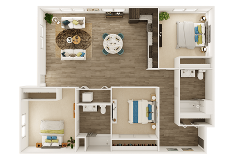 Floor plan for 3 beds, 2 baths, 1105 sqft