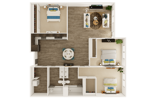 Floor plan for 3 beds, 2 baths, 1100 sqft