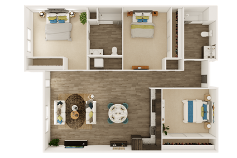 Floor plan for 3 beds, 2 baths, 1103 sqft