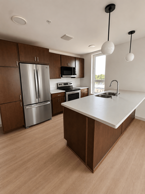 Stevens Point apartment for rent - A kitchen with a counter top and wooden cabinets.