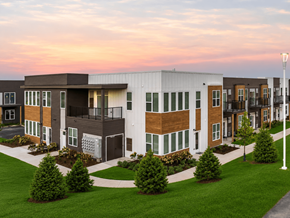 Saukville apartment for rent - A modern apartment complex with a mix of brown and white exterior colors.