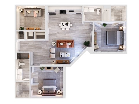Floor plan for 2 beds, 2 baths, 1249 sqft