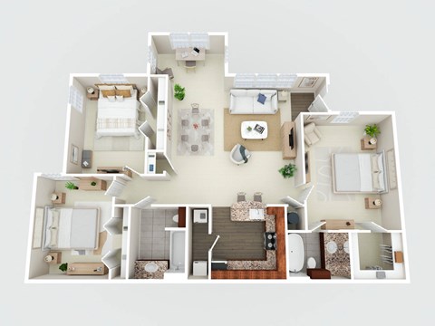 Floor plan for 3 beds, 2 baths, 1370 sqft