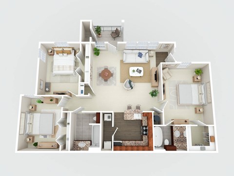 Floor plan for 3 beds, 2 baths, 1318 sqft