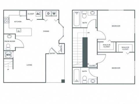 Floor plan for 2 beds, 2.5 baths, 1096 sqft