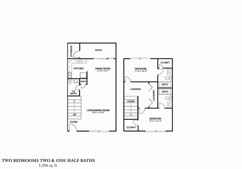 Floor plan for 2 beds, 2.5 baths, 1260 sqft