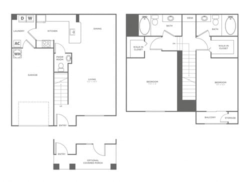 Floor plan for 2 beds, 2.5 baths, 1328 sqft