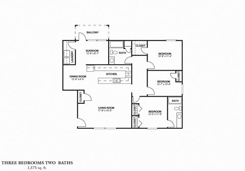 Floor plan for 3 beds, 2 baths, 1487 sqft