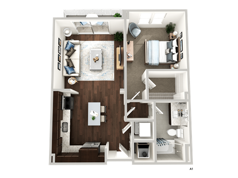 Floor plan for 1 bed, 1 bath, 686 sqft