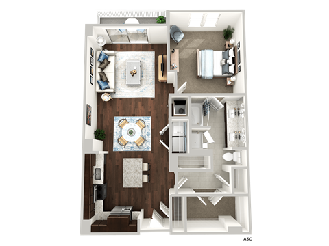 Floor plan for 1 bed, 1 bath, 930 sqft