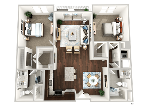 Floor plan for 2 beds, 2 baths, 1217 sqft