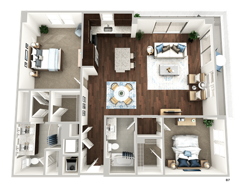 Floor plan for 2 beds, 2 baths, 1368 sqft
