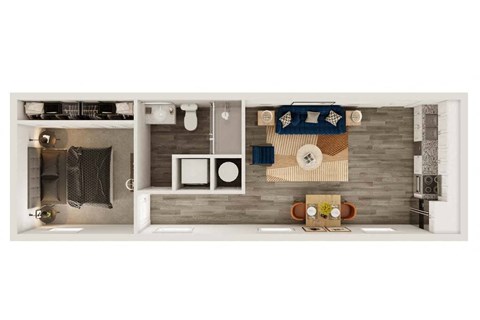 Floor plan for 1 bed, 1 bath, 629 sqft