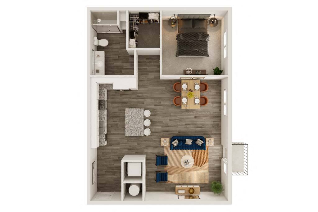 Floor plan for 1 bed, 1 bath, 913 sqft