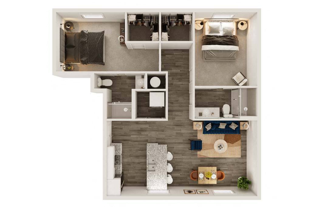 Floor plan for 2 beds, 2 baths, 989 sqft