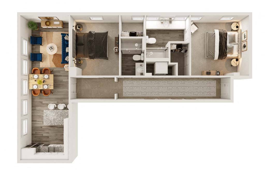 Floor plan for 2 beds, 2 baths, 1242 sqft