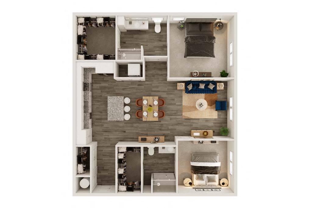 Floor plan for 2 beds, 2 baths, 1259 sqft
