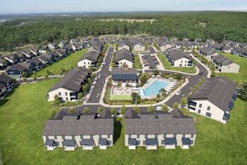 Mauldin townhouse for rent - A bird's eye view of a residential area with houses and a swimming pool.