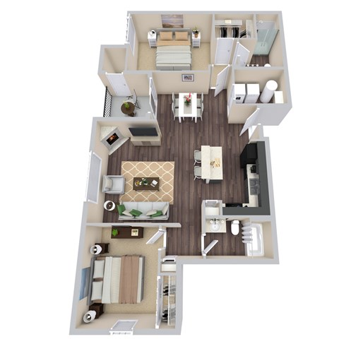 Floor plan for 2 beds, 2 baths, 1253 sqft