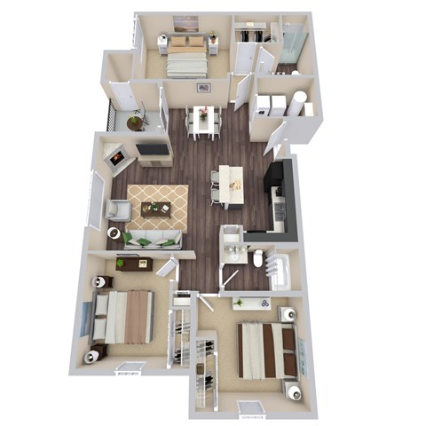 Floor plan for 3 beds, 2 baths, 1415 sqft